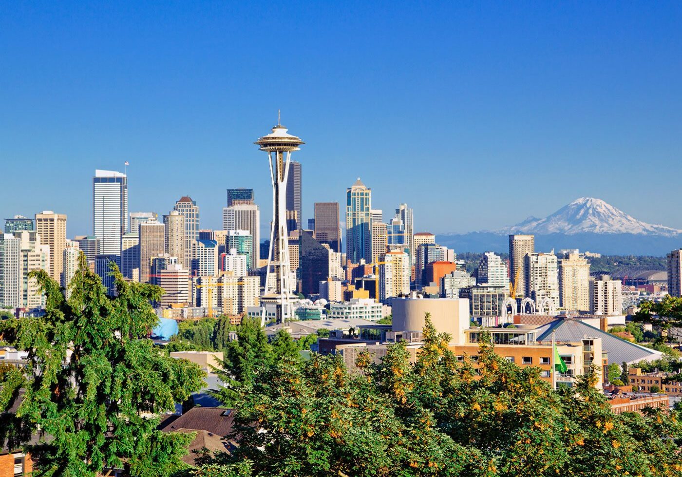 view of Seattle skyline with Mt. Rainier in background